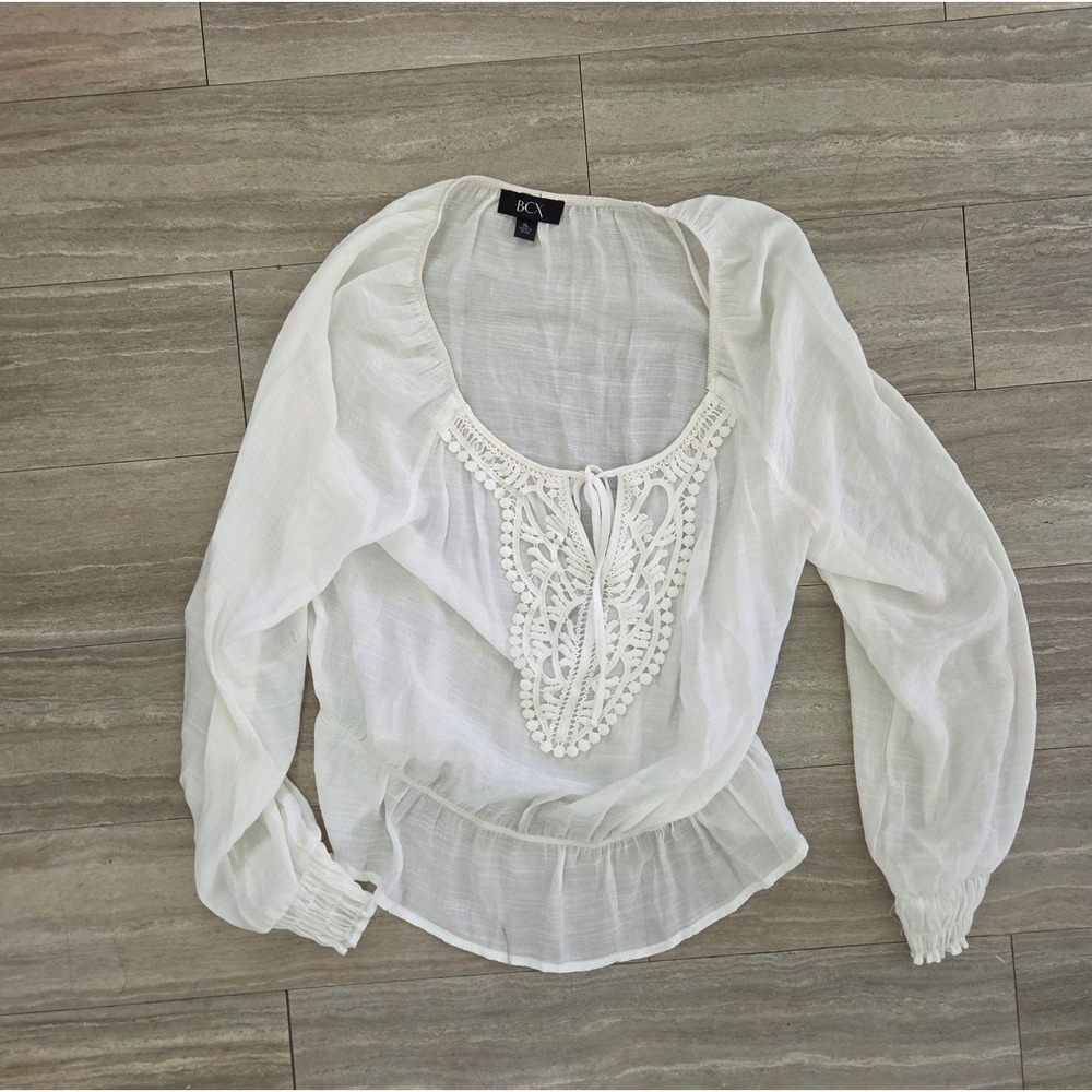 BCX Womens White Gauze Peasant Blouse Crochet Lace Bib Peplum Top XL